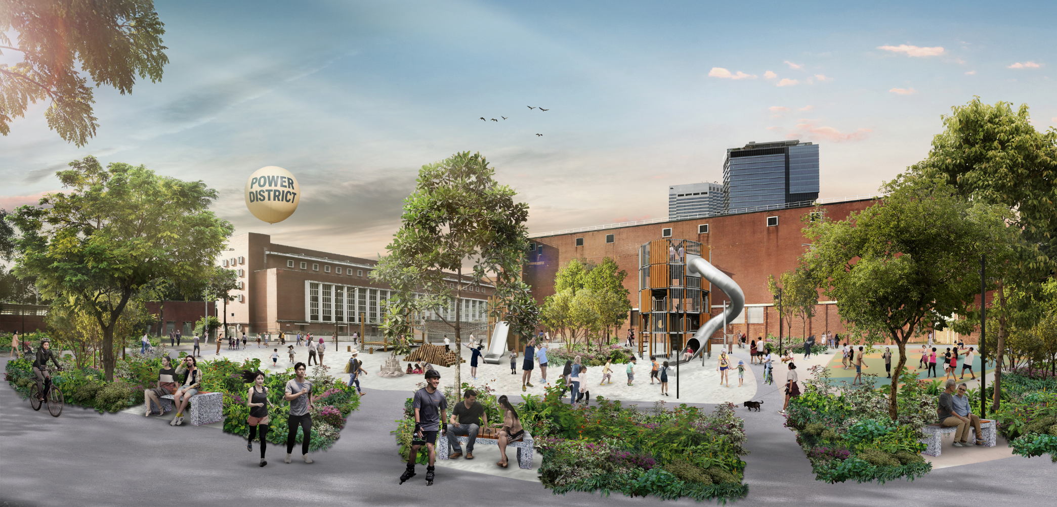 Architectural rendering of a park with people, a playground, and the text "Power District" on a balloon.